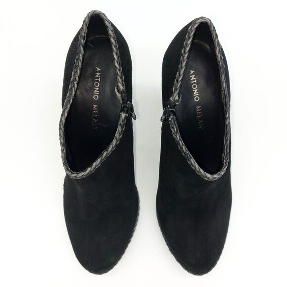 Antonio Melani Ankle Booties Sz 7M Black Heels Dante Suede Braided Trim Detail - Picture 8 of 12